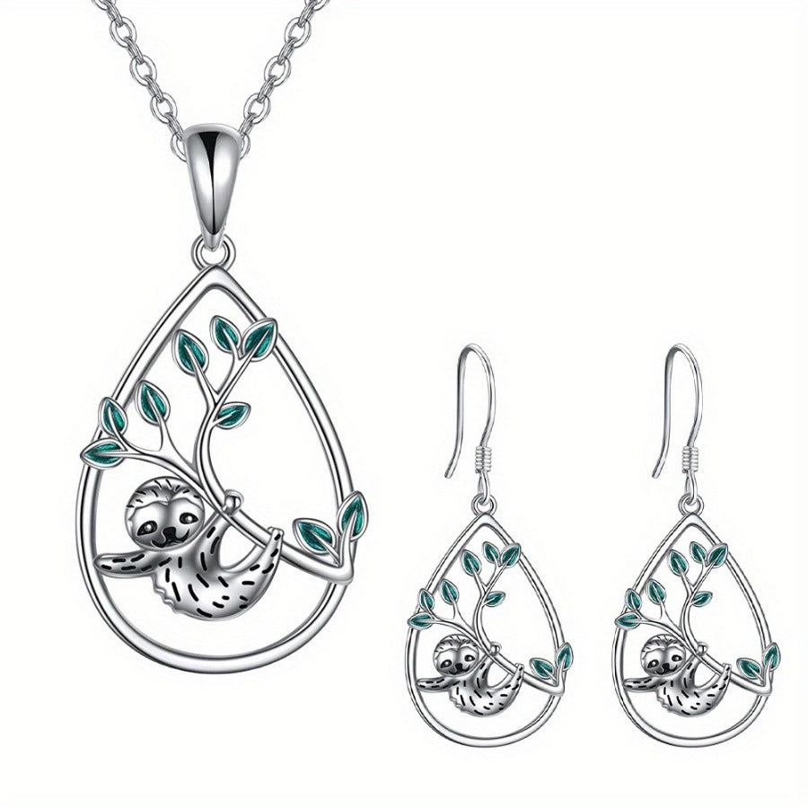 3 Piece Hanging Sloth Necklace & Earring Set
