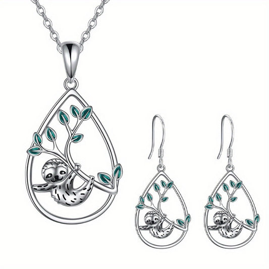 3 Piece Hanging Sloth Necklace & Earring Set