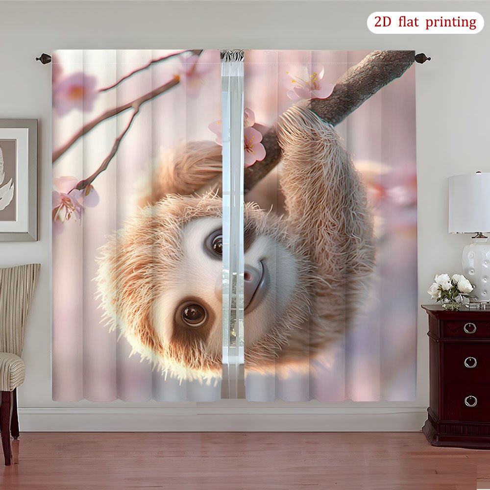 Adorable Sloth & Cherry Blossom Print Curtains