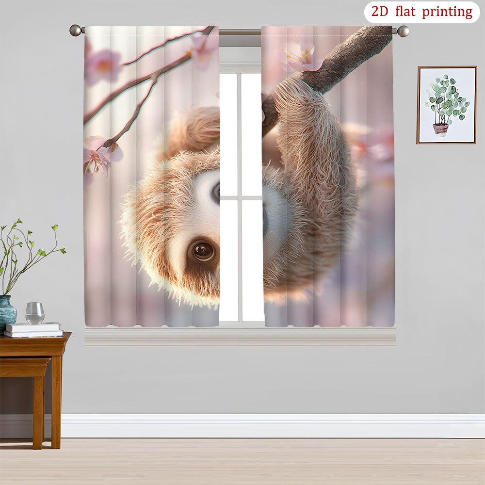 Adorable Sloth & Cherry Blossom Print Curtains