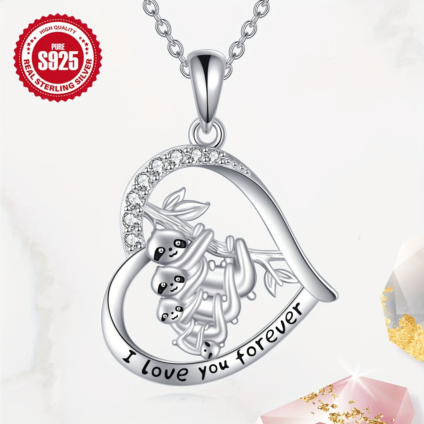 I Love You Forever Family of Sloths Sterling Silver Necklace