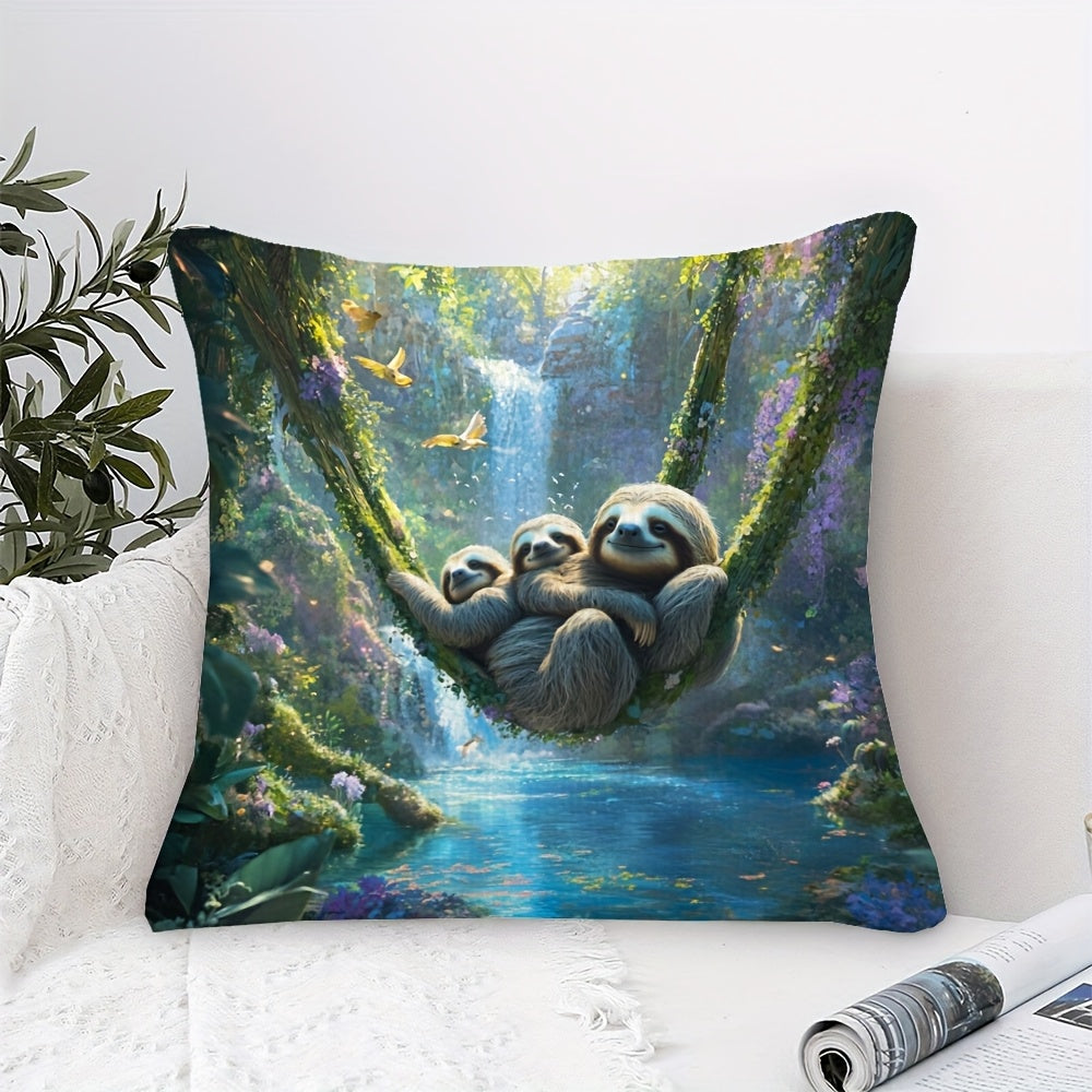 Sloth Hanging Forest Scene Cushion Cover