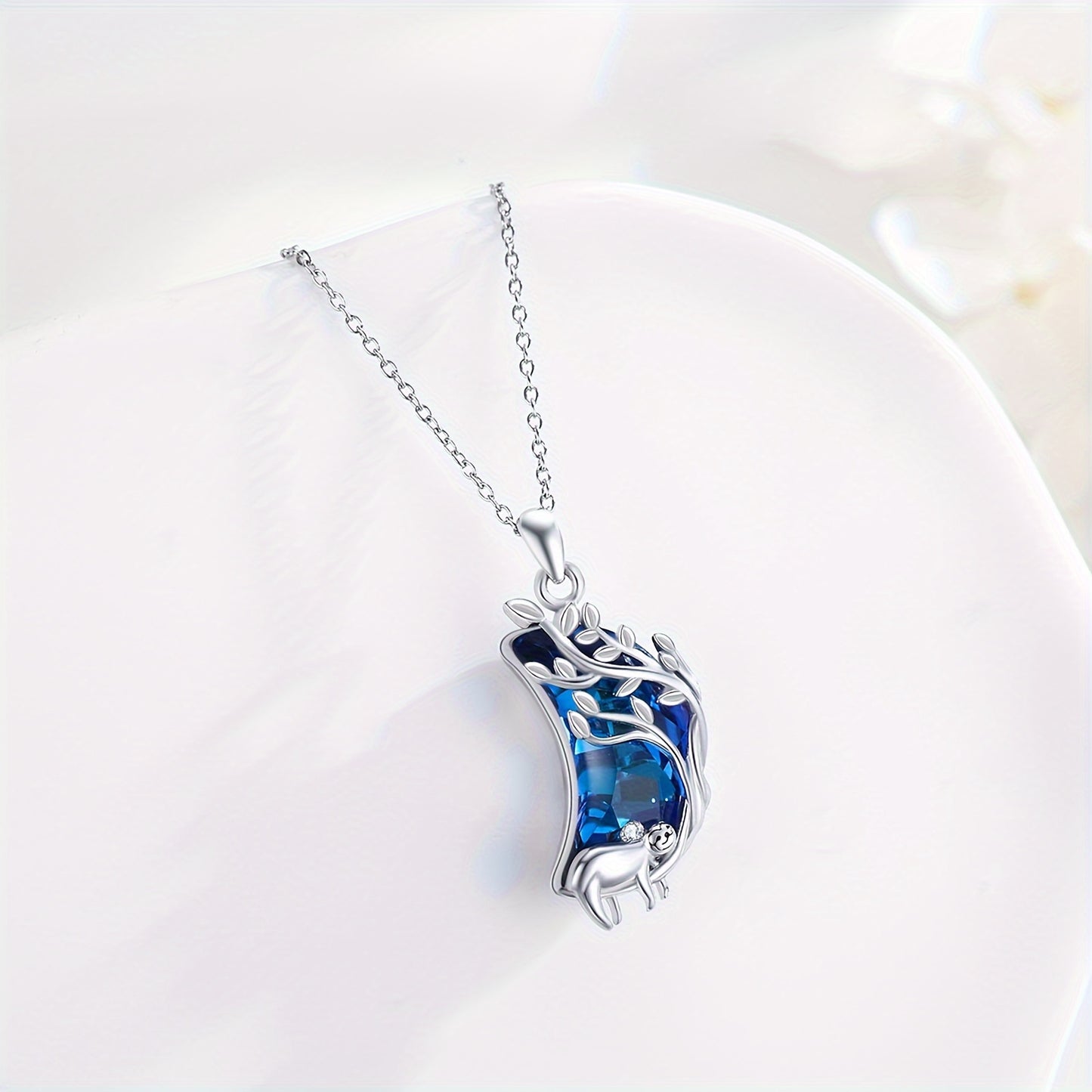 Blue Crescent Moon Sloth Sterling Silver Necklace