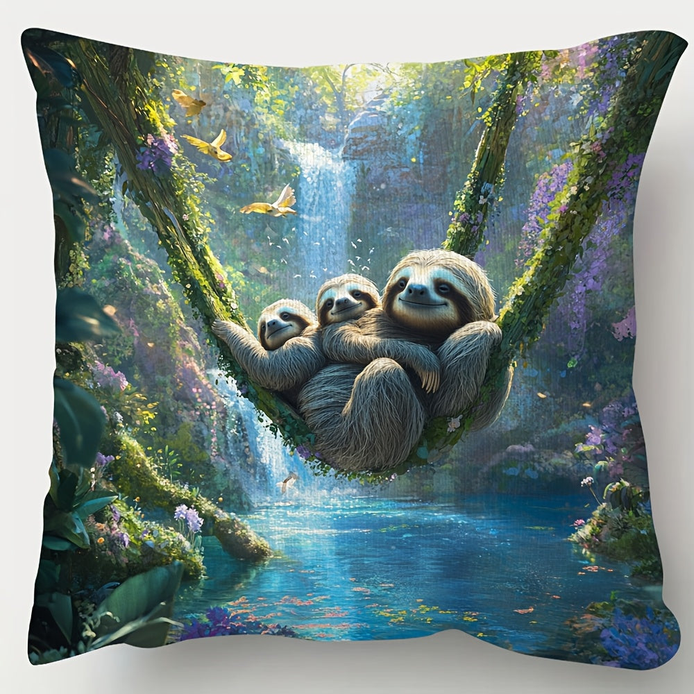 Sloth Hanging Forest Scene Cushion Cover