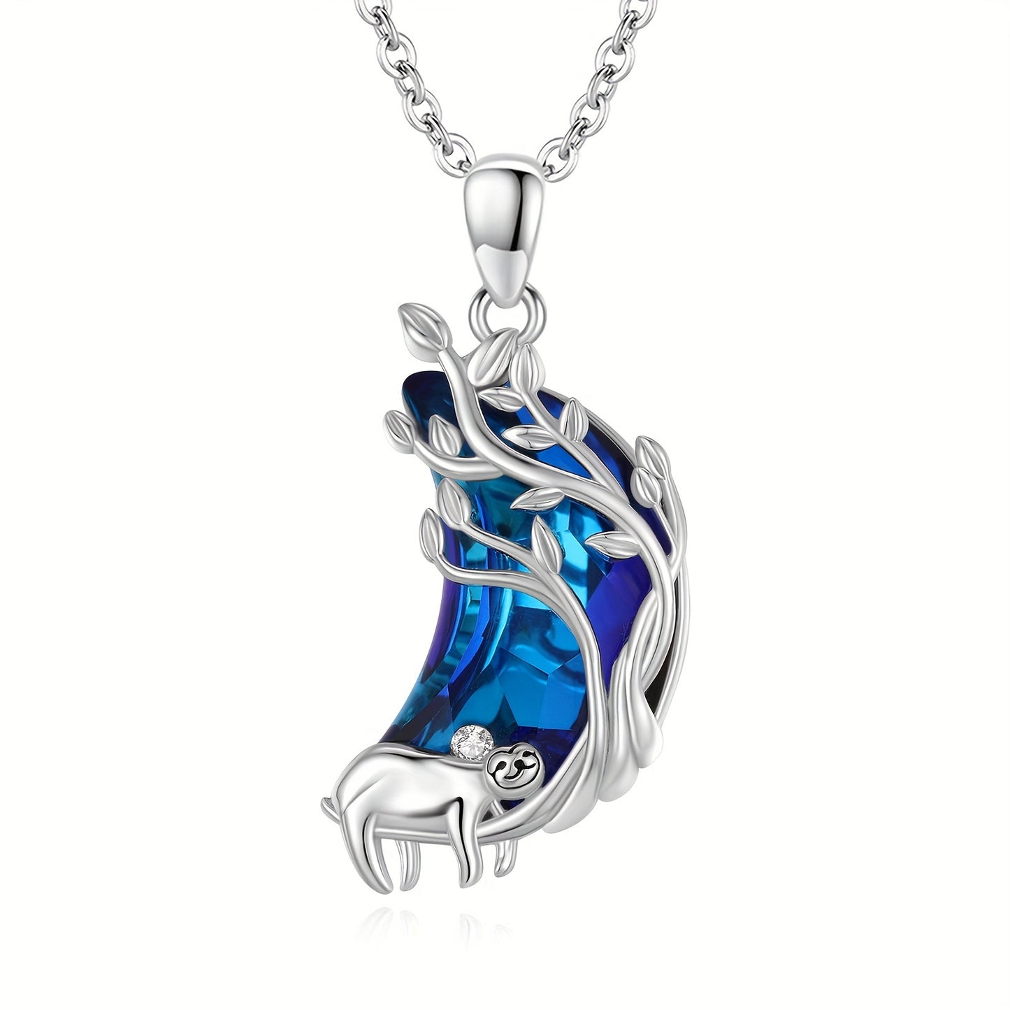 Blue Crescent Moon Sloth Sterling Silver Necklace