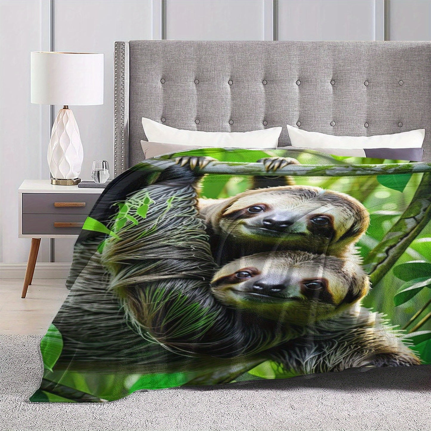 Sloth & Green Leaves Print Blanket