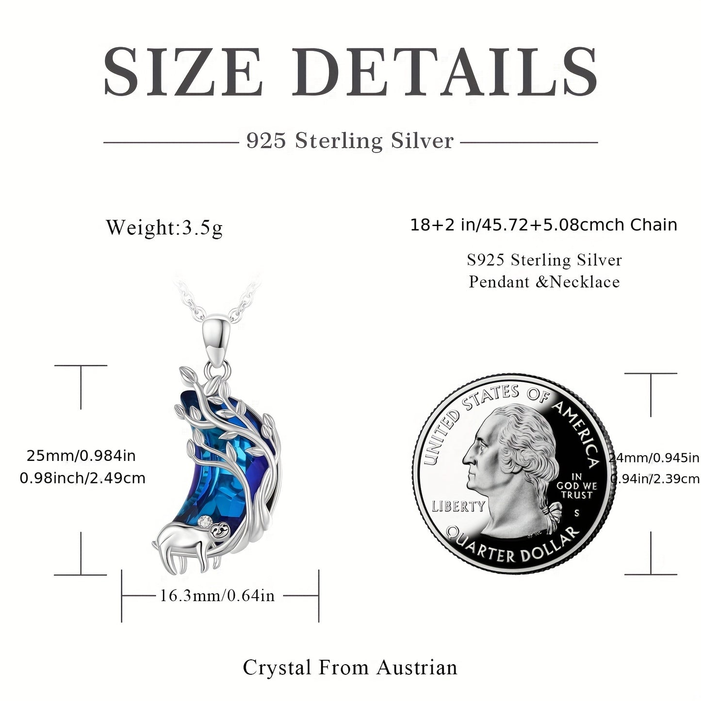 Blue Crescent Moon Sloth Sterling Silver Necklace