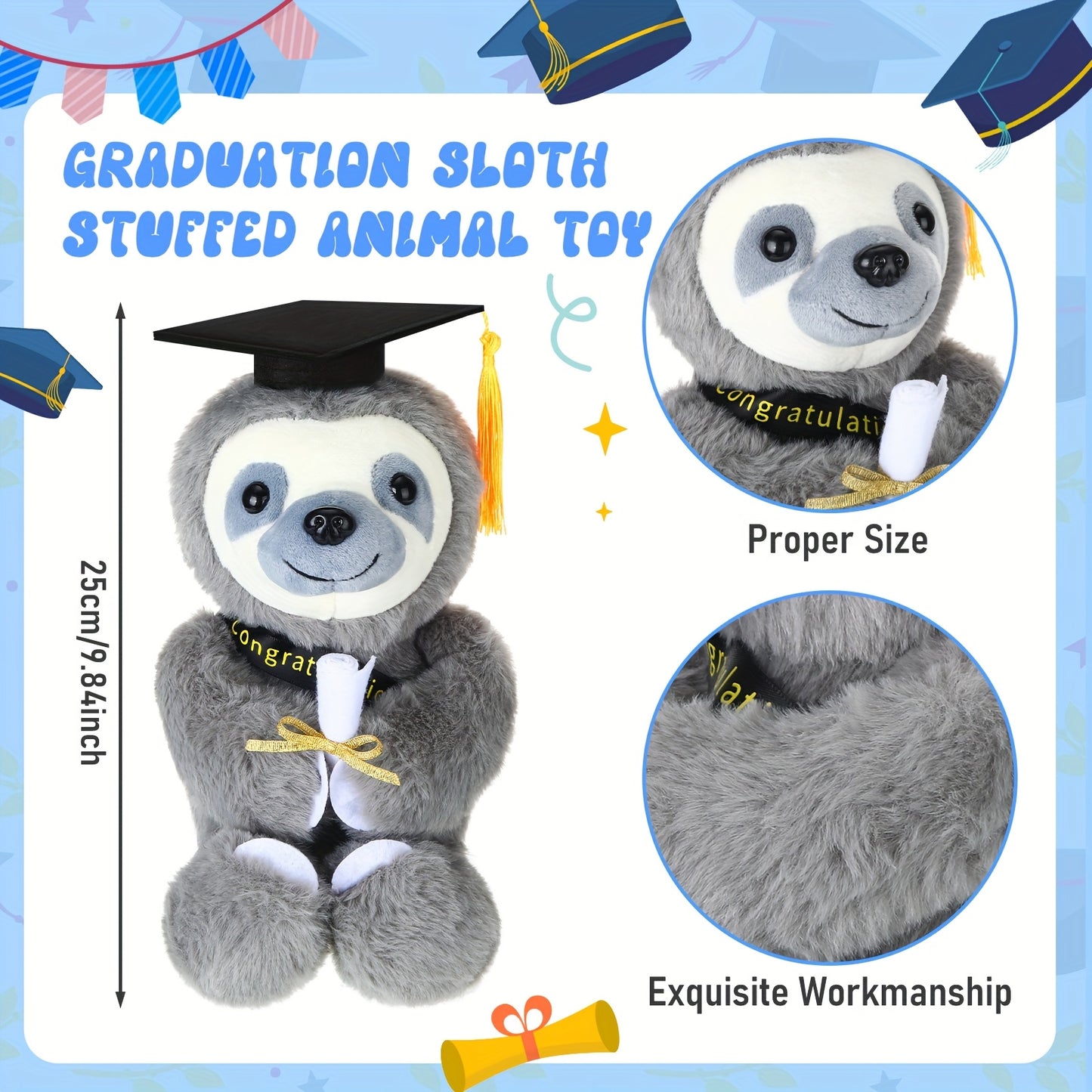 Graduation Sloth Plush Toy with Diploma & Tassel Cap
