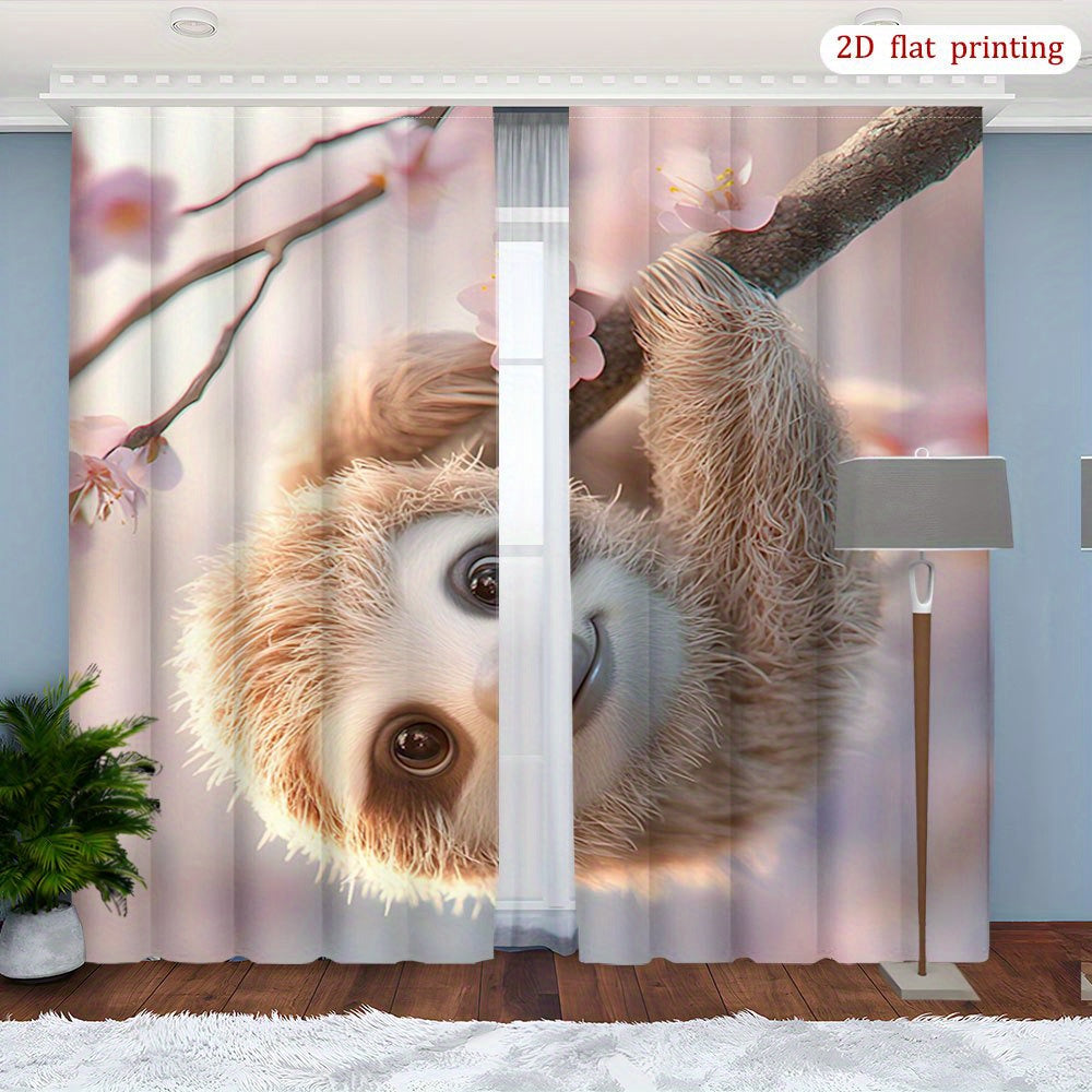 Adorable Sloth & Cherry Blossom Print Curtains
