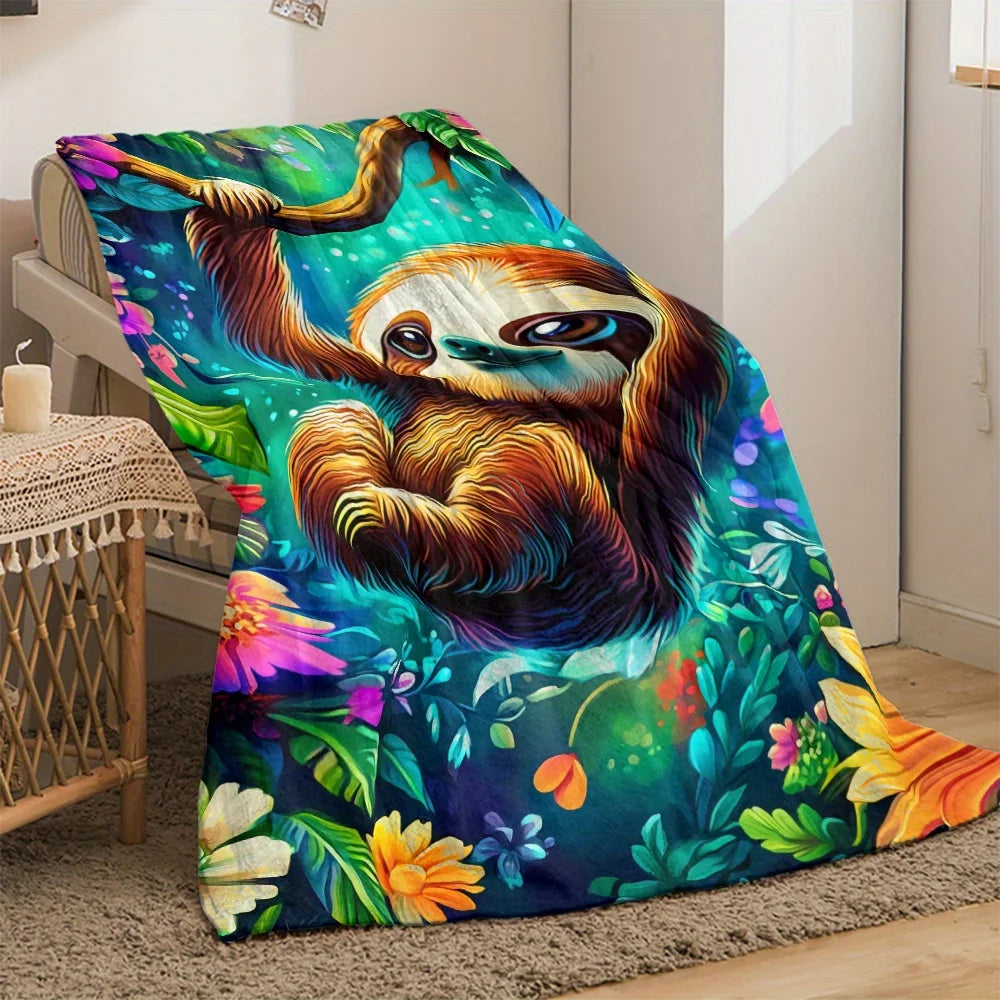 Sloth Hanging With Tropical Flowers Blanket product photo 2