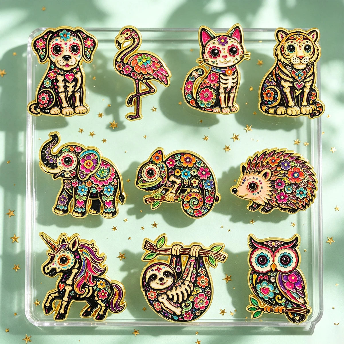 10 Piece Mexican Floral Skeleton Pin Badges
