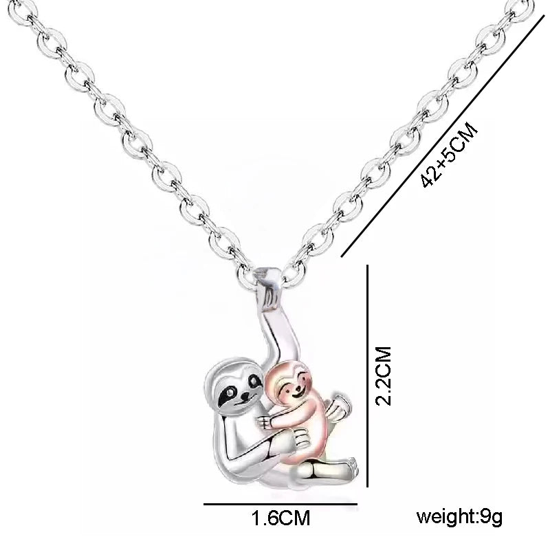 Two-Tone Sloth Mom and Baby Pendant & Earrings Set
