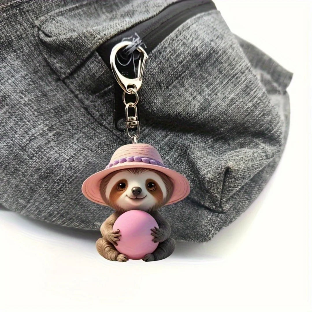Sloth with Pink Hat and Ball Keyring