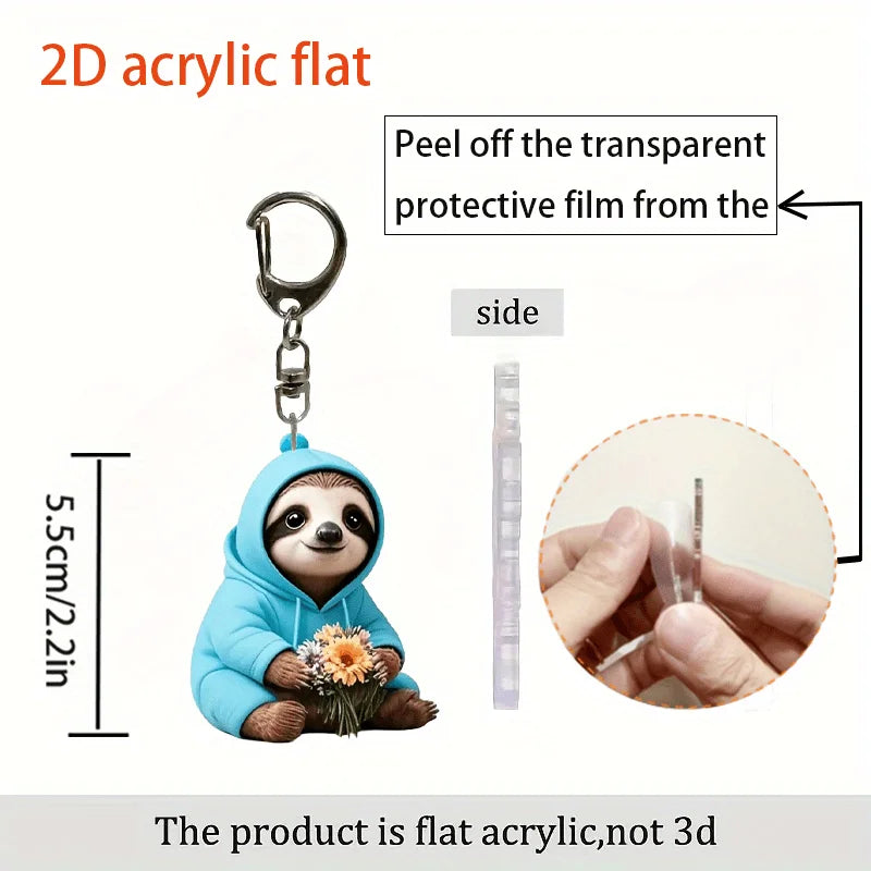 2D Sloth In Hoodie With Flowers Keychain
