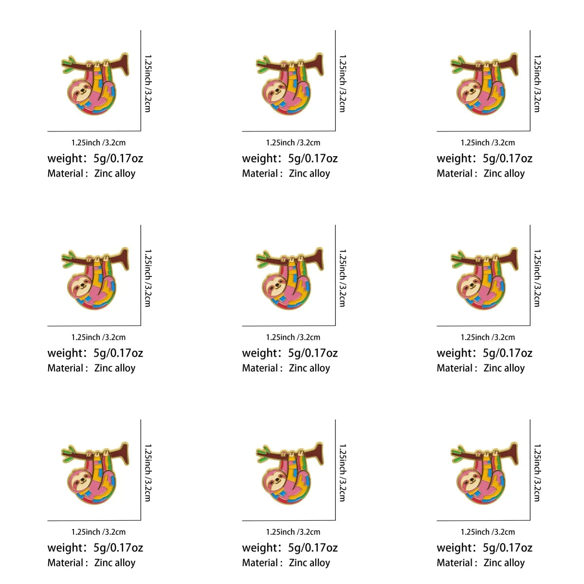9 Piece Colorful Sloth Enamel Pin Set