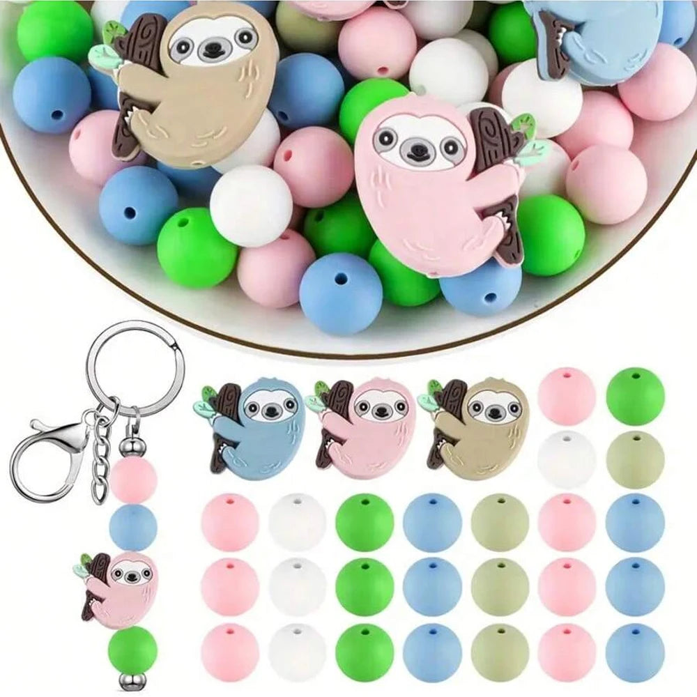 10/30/53 Piece Cute Sloth Silicone Bead Set To Make Keyrings