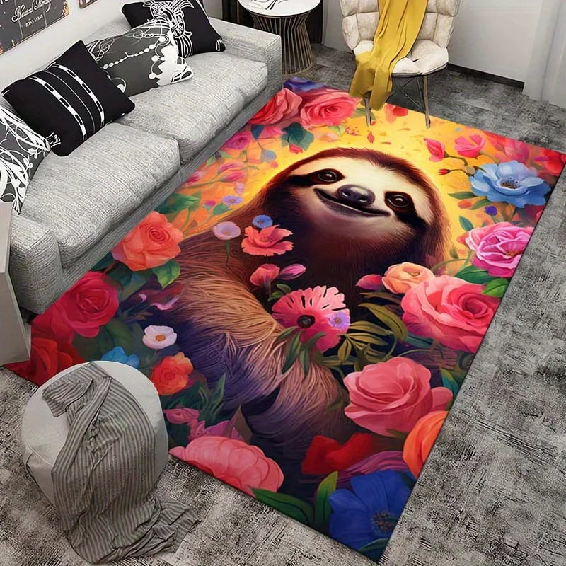 Sloth With Vibrant Flowers Carpet