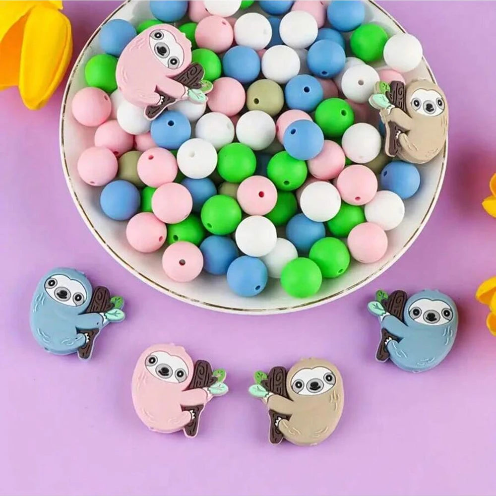 10/30/53 Piece Cute Sloth Silicone Bead Set To Make Keyrings