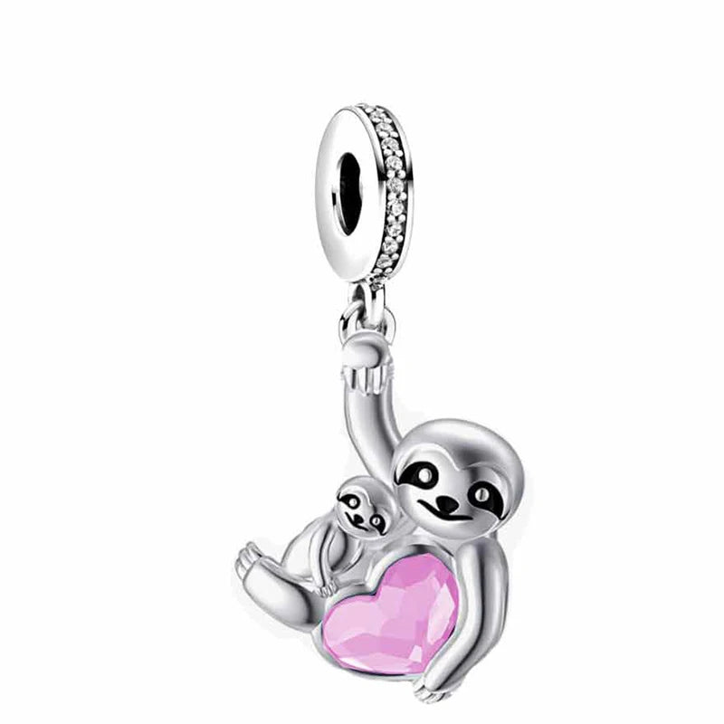 Sterling Silver Sloth & Baby Pink Heart Charm