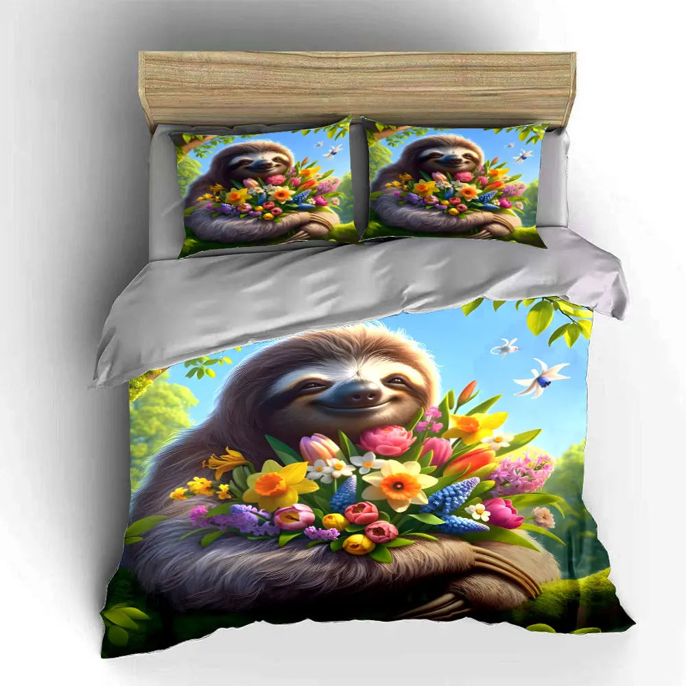 Sloth With Vibrant Bouquet Duvet Cover Set