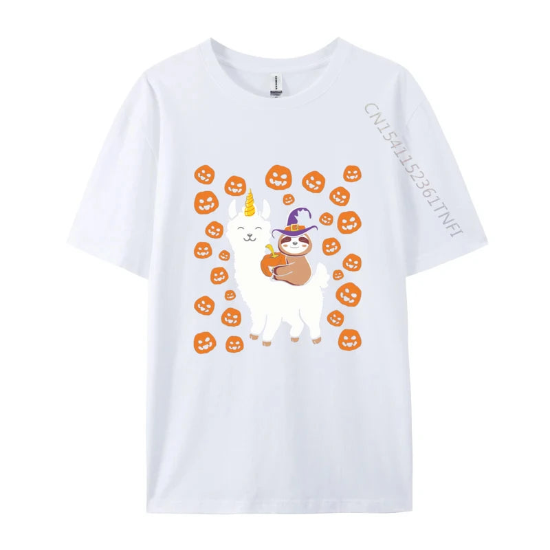 Sloth Wizard Riding Llama with Pumpkins T-shirt