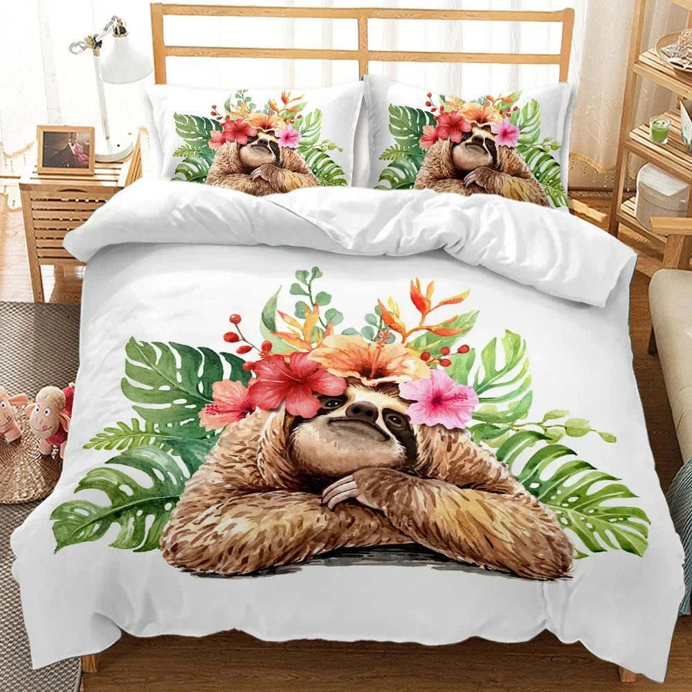Sloth With Leaves & Flowers Duvet Cover Set product photo