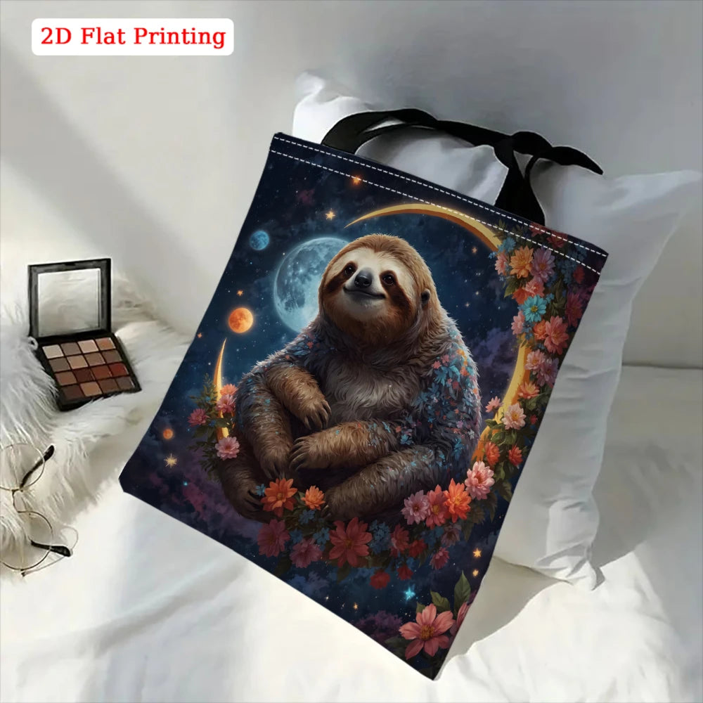 Blue Starry Sky Sloth & Floral Tote Bag