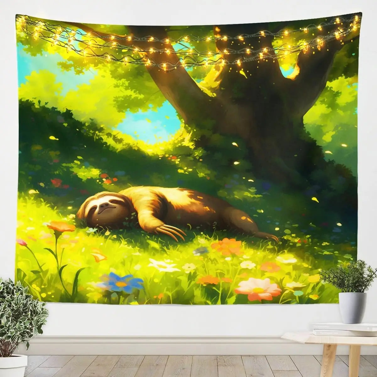 Peaceful Meadow Sloth Sleeping Wall Art Tapestry