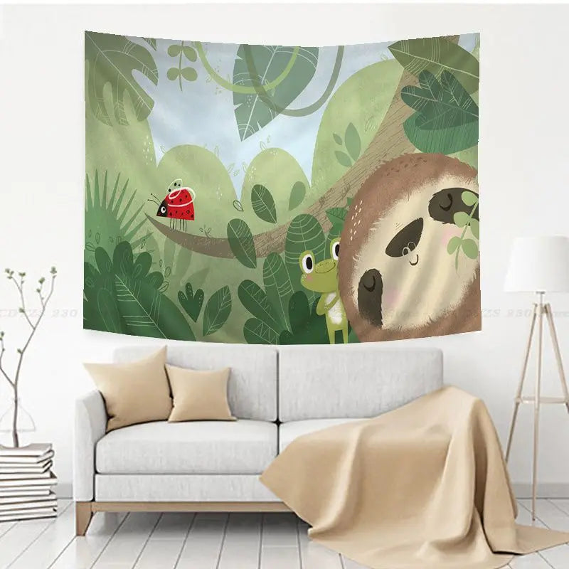 Sloth & Frog In The Jungle Wall Hanging Tapestry