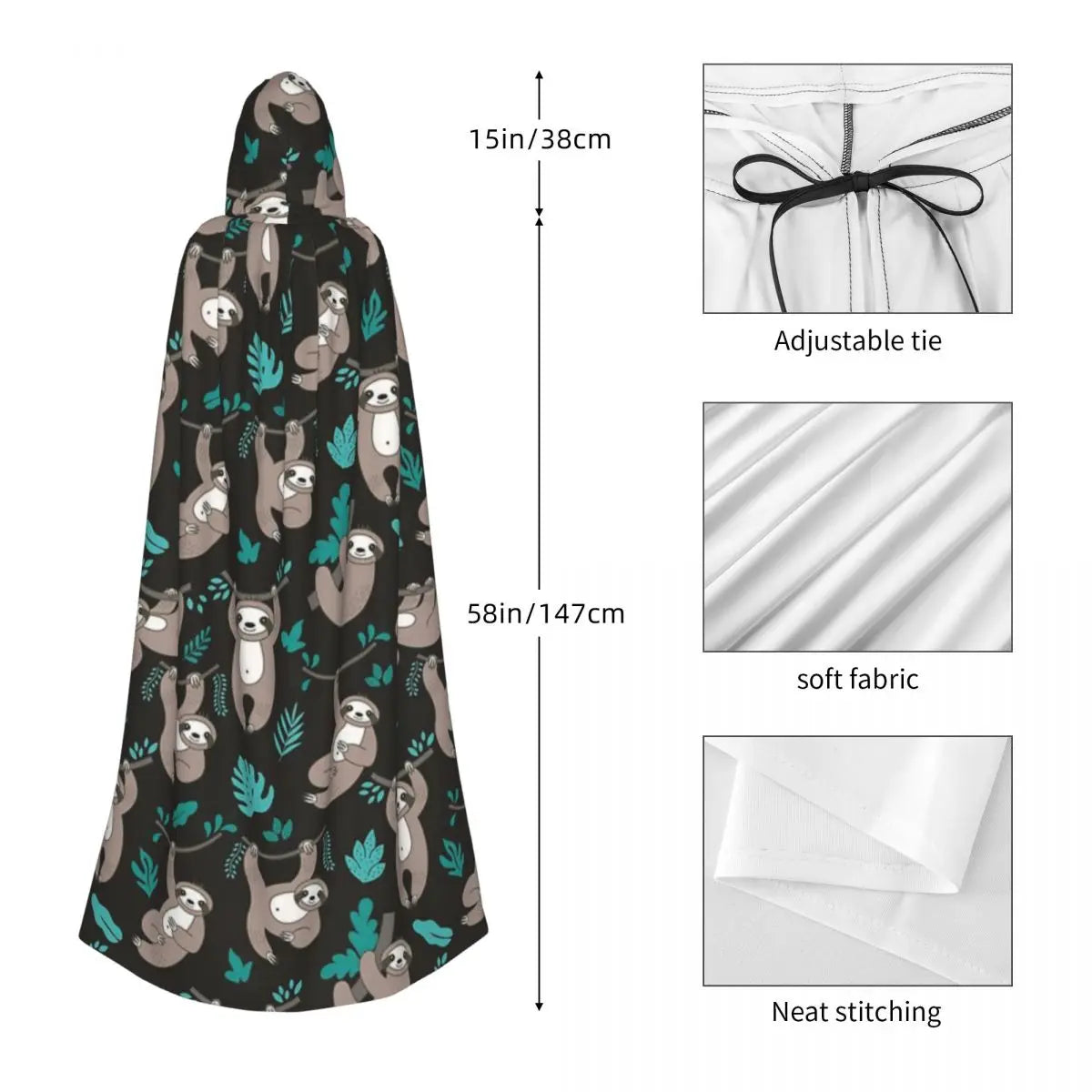 Hanging Sloth Design Long Hooded Cloak