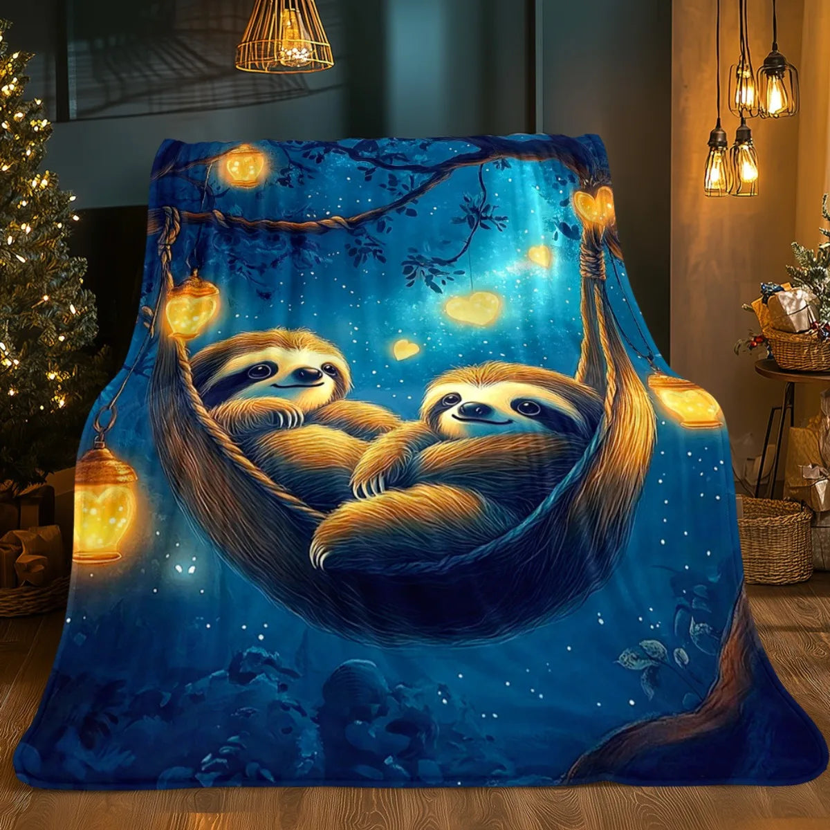 Sloth Couple In Hammock & Lanterns Night Sky Blanket
