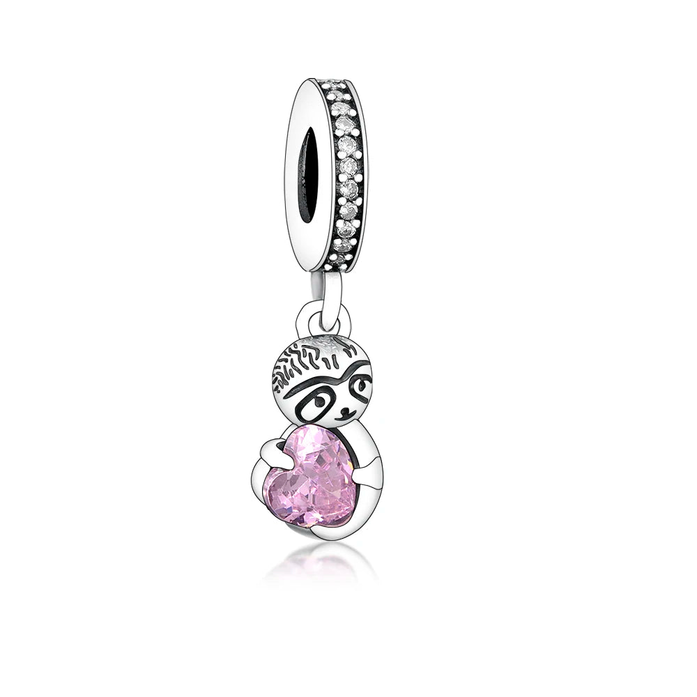 Sterling Silver Sloth & Pink Heart Charm