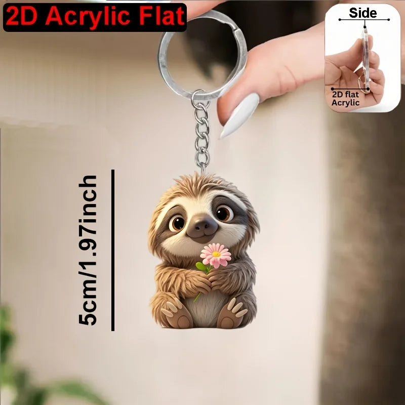 Sloth With Bouquet Of Flowers Keychain
