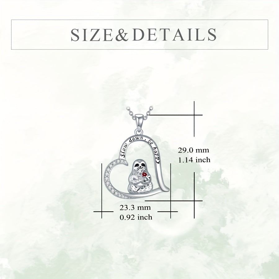 Slow Down Be Happy Sterling Silver Sloth Heart Necklace