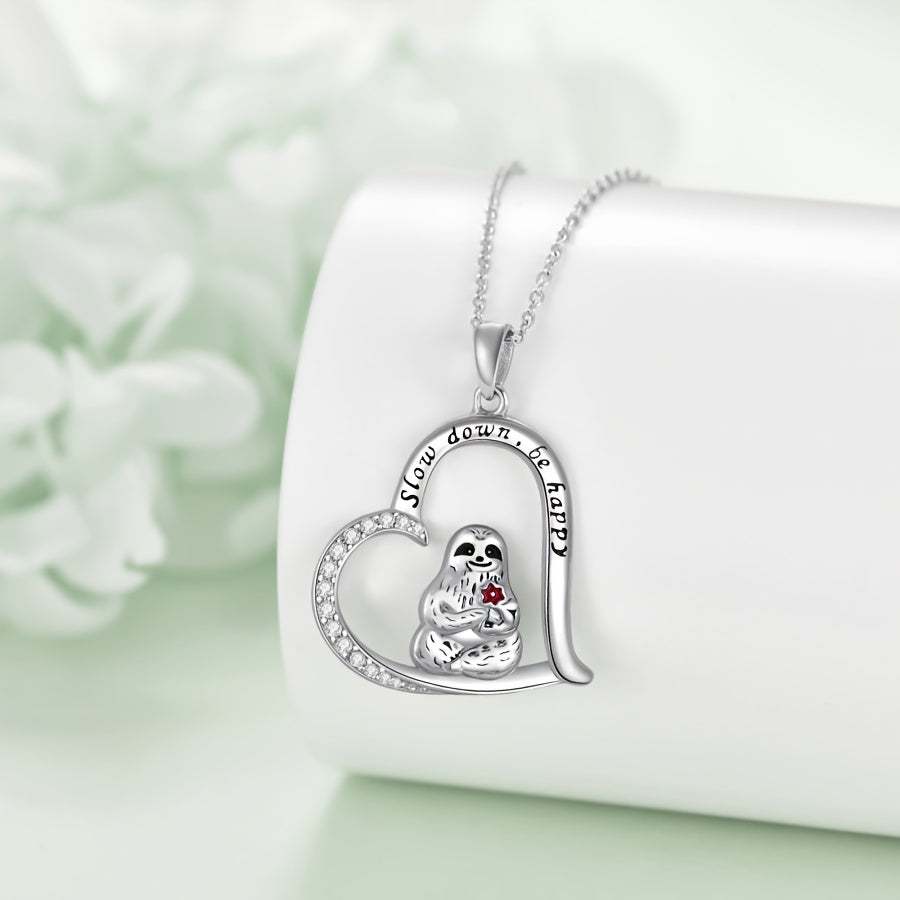 Slow Down Be Happy Sterling Silver Sloth Heart Necklace