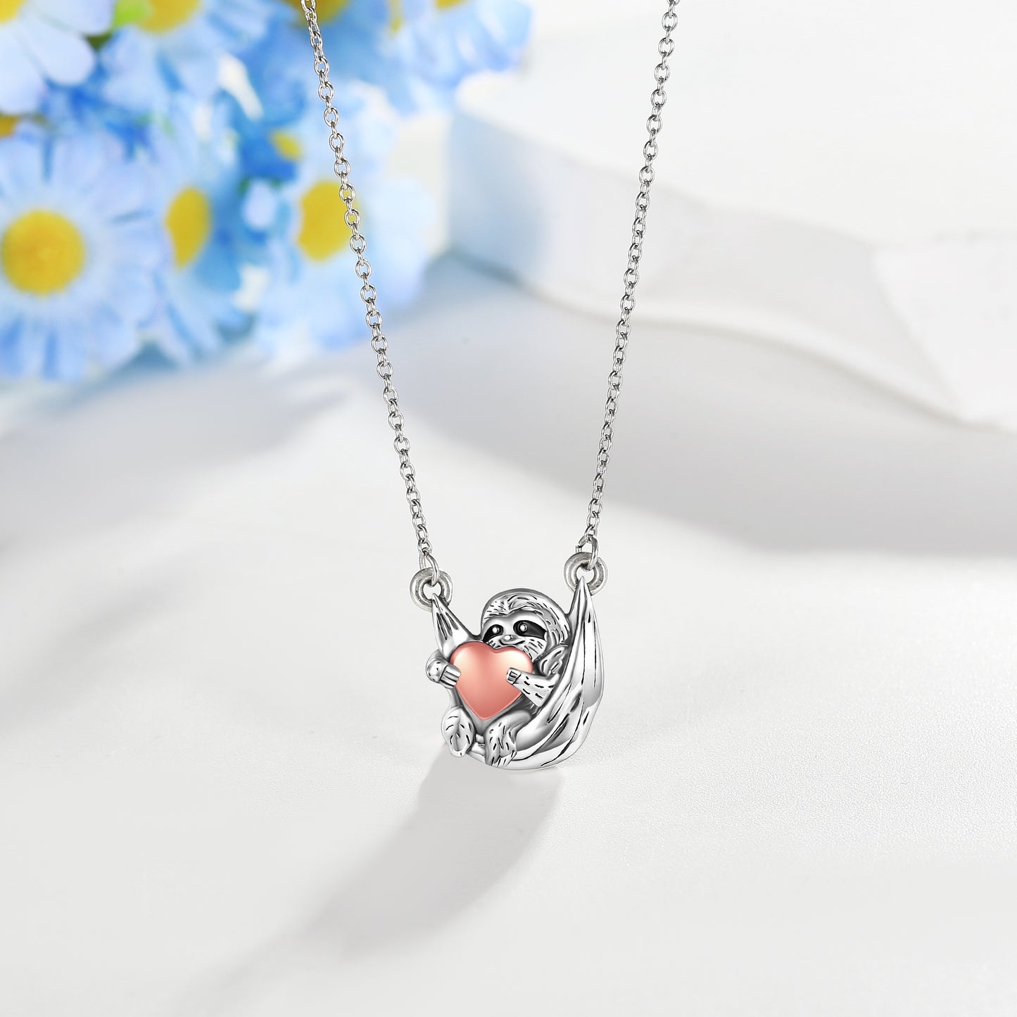 Sterling Silver Sloth and Heart Necklace