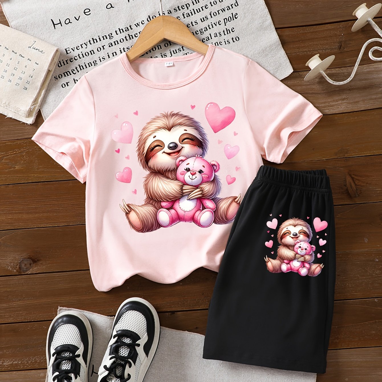 Girls Summer Short Sleeve Love Sloth T-Shirt and Shorts Set