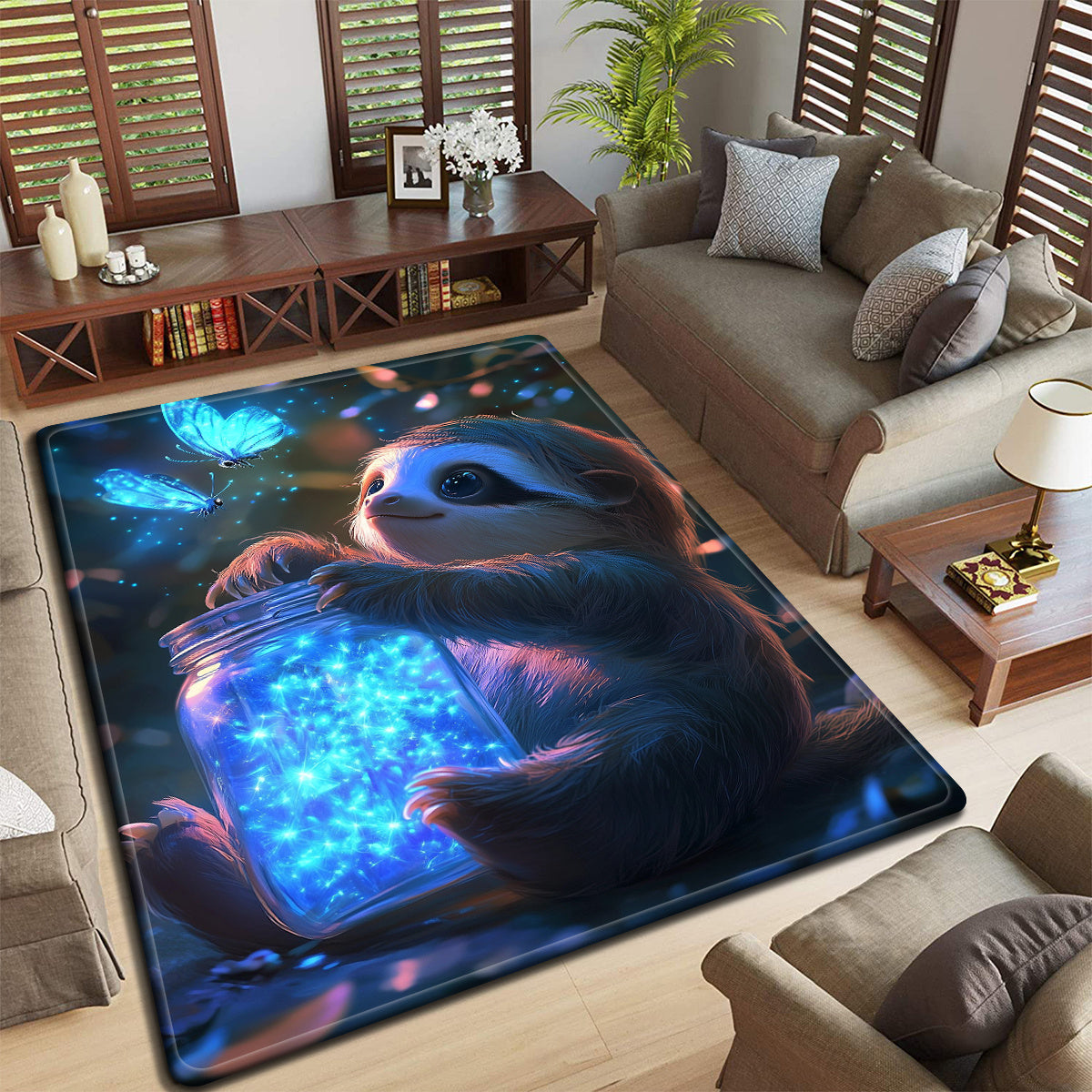 Whimsical Sloth & Butterfly Forest Design Non-Slip Rug