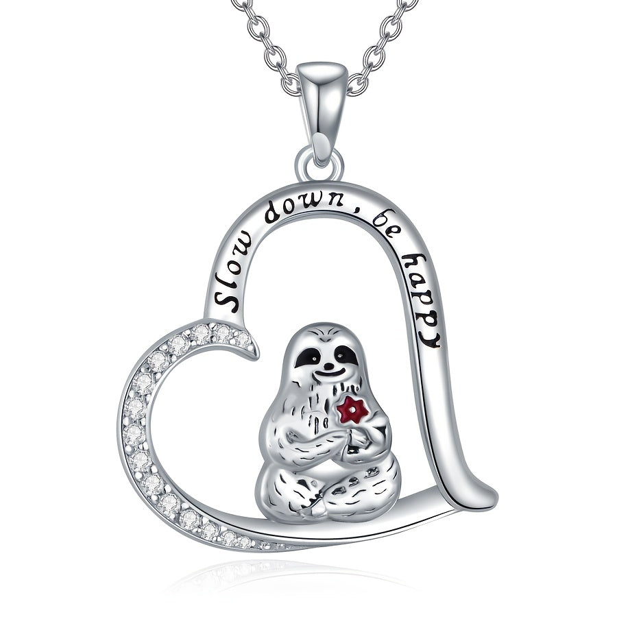 Slow Down Be Happy Sterling Silver Sloth Heart Necklace