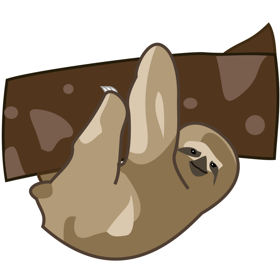 A cheerful cartoon sloth hanging from a tree branch