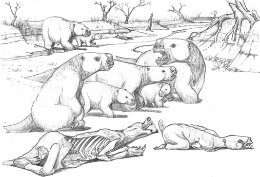 Life reconstruction of a group of Lestodon giant ground sloths on open ground