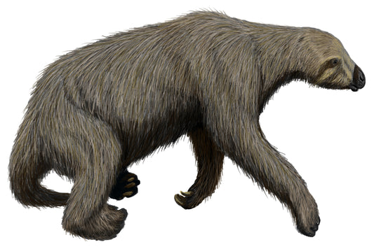 Reconstruction of a Shasta ground sloth walking through a dry Ice Age landscape