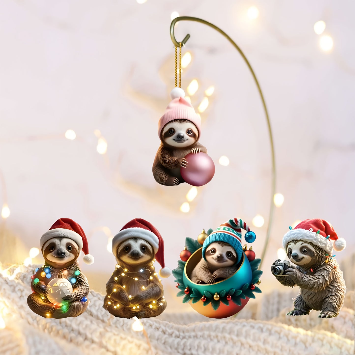 5 piece Set Sloth Themed Christmas Ornaments