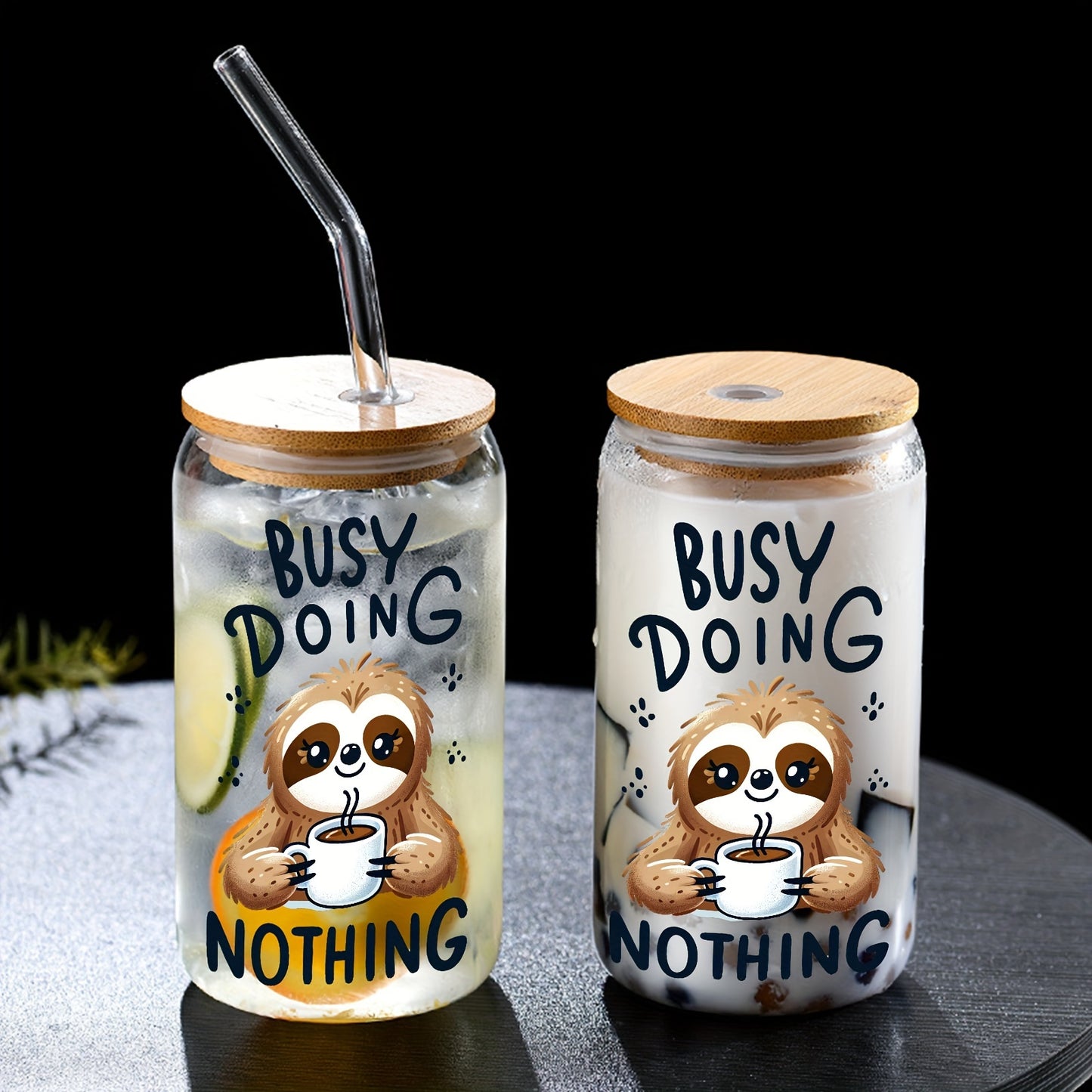 Sloth Glass Cup with Bamboo Lid & Straw