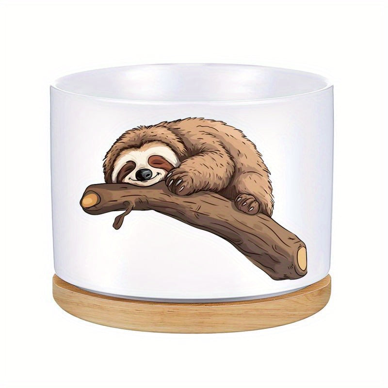 Contemporary Ceramic Sloth Planter Pot with Wooden Base