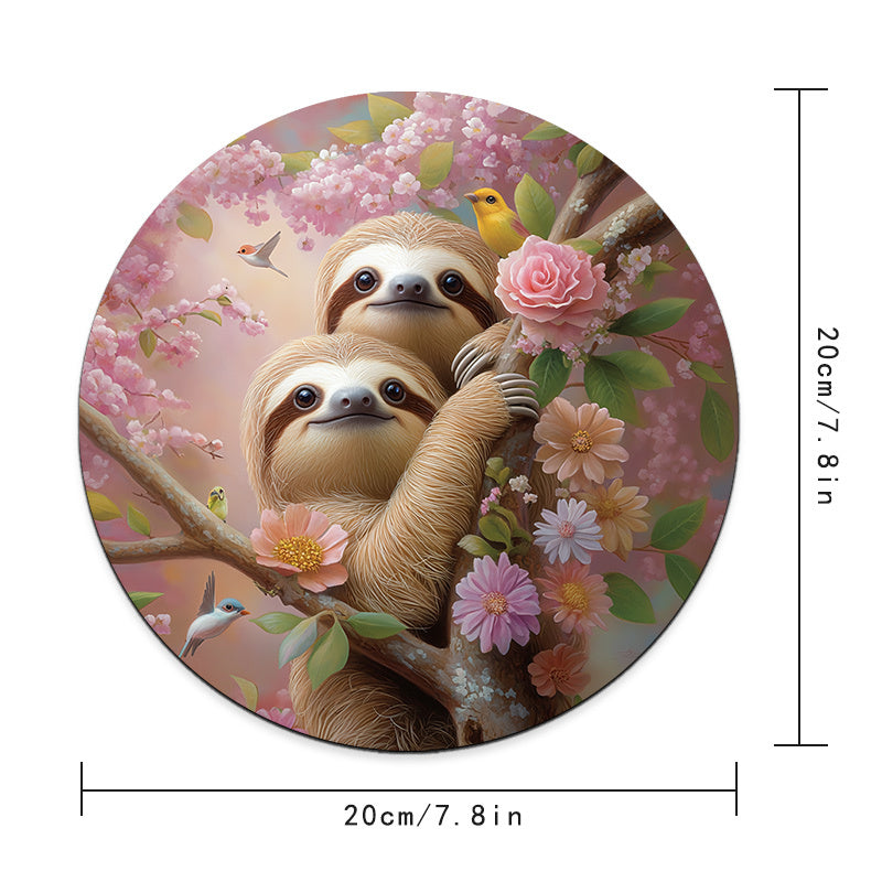 Sloth Floral Round Mouse Pad