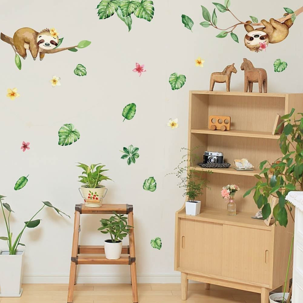 2 piece set of Tropical Sloth & Floral Design Wall Stickers