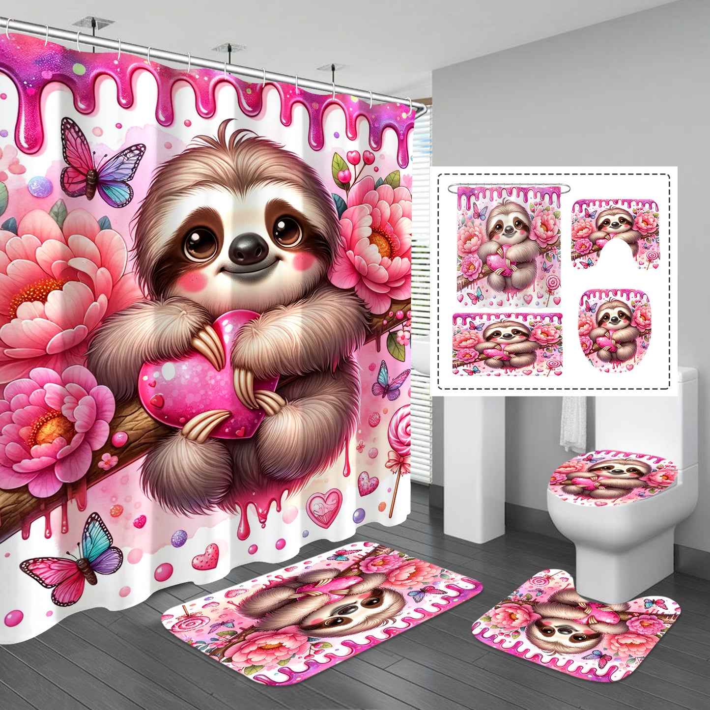 Pink Love Theme Sloth Shower Curtain and Bathroom Set