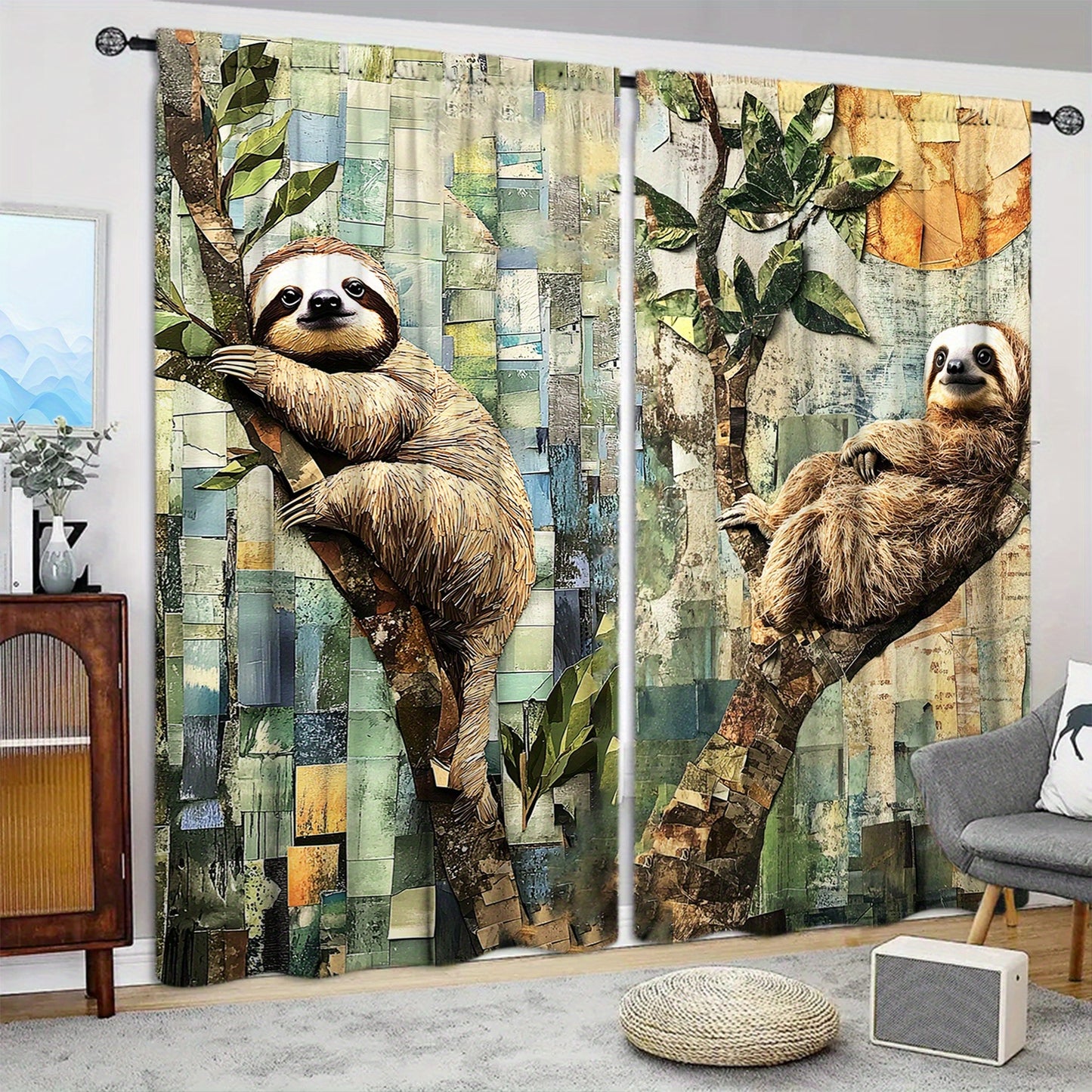 Oil Painting Sloth Printed Curtains