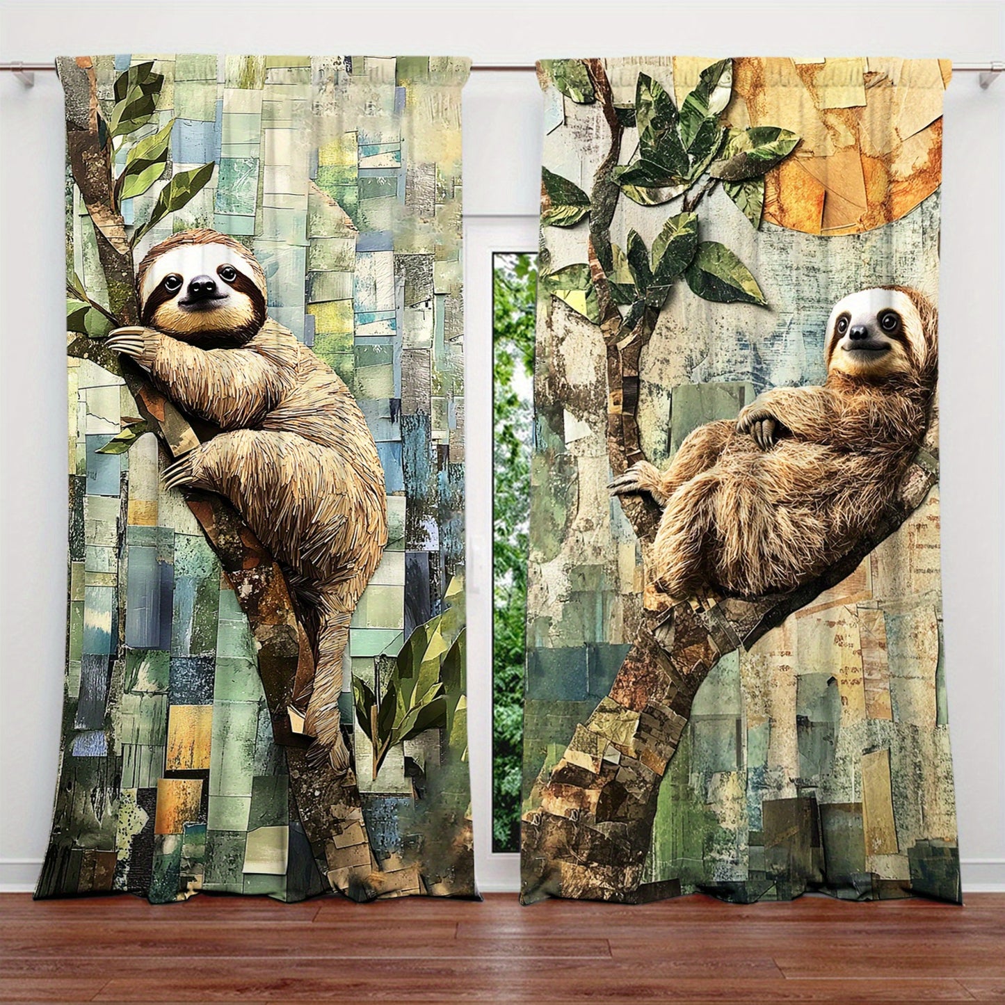 Oil Painting Sloth Printed Curtains